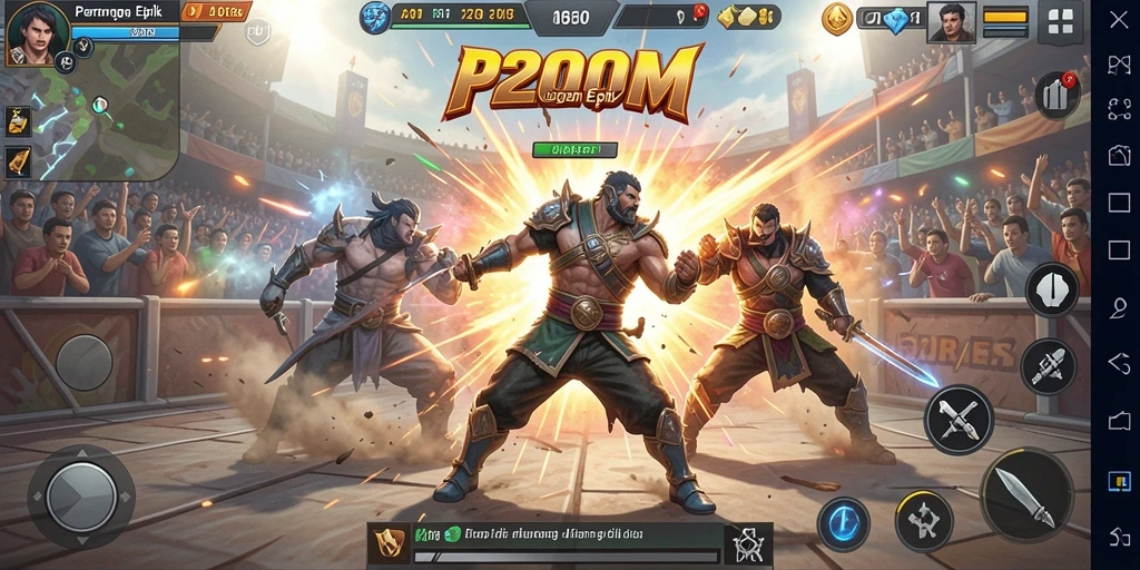 Screenshot P200M menampilkan aksi pertarungan seru di arena.