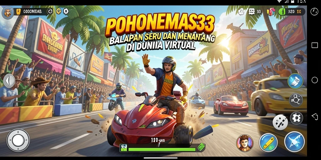 Tangkapan layar gameplay POHONEMAS33 menampilkan aksi balapan yang mendebarkan.