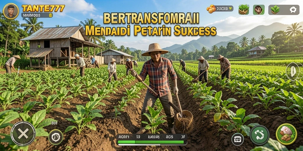 Tangkapan layar TANTE777 menampilkan pertanian yang subur dan aktivitas pemanenan yang dinamis.